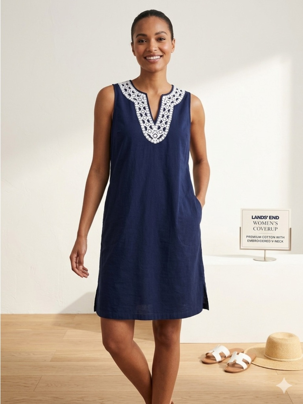 Lands End Navy Women's Coverup with White Embroidered V-Neck